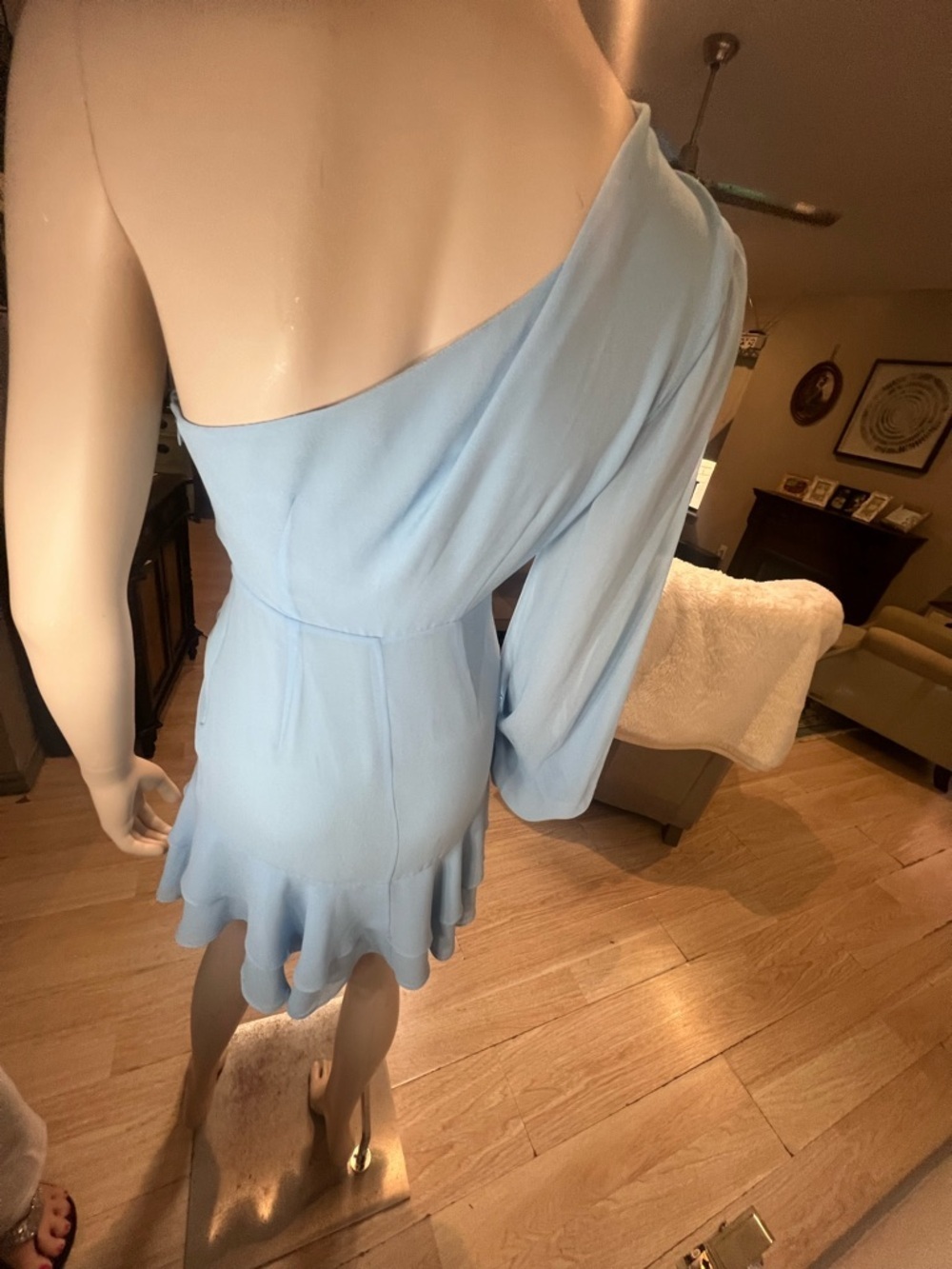 One-Shoulder Light Blue Ruffle Wrap Dress - Picture 7 of 10